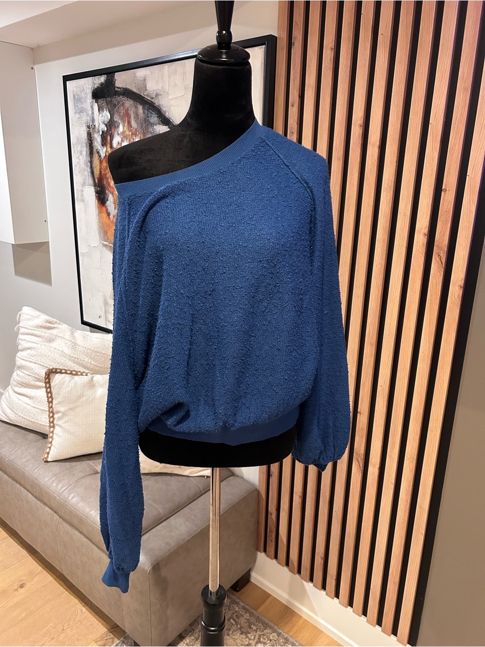 Free People Off-Shoulder Bouclé Sweater in Navy Blue